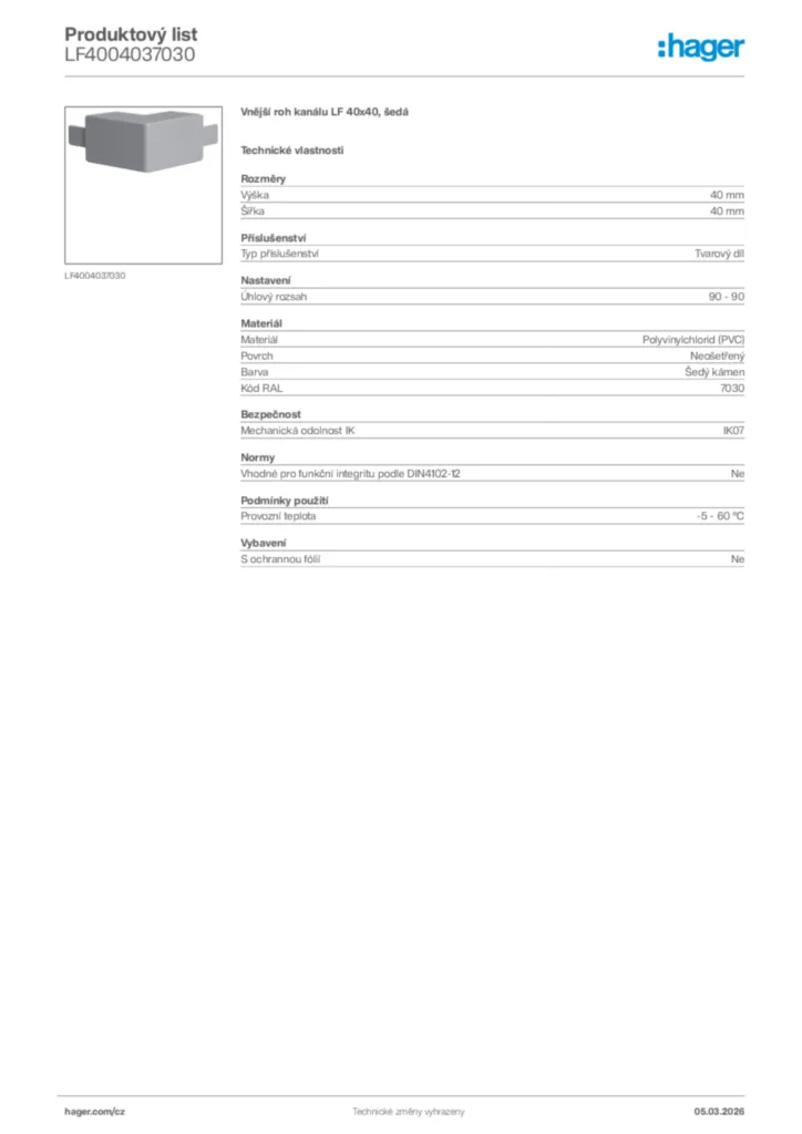 Obrázek Hager Product data sheet LF4004037030 | Hager