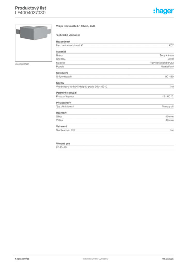 Obrázek Hager Produktový list LF4004037030 | Hager