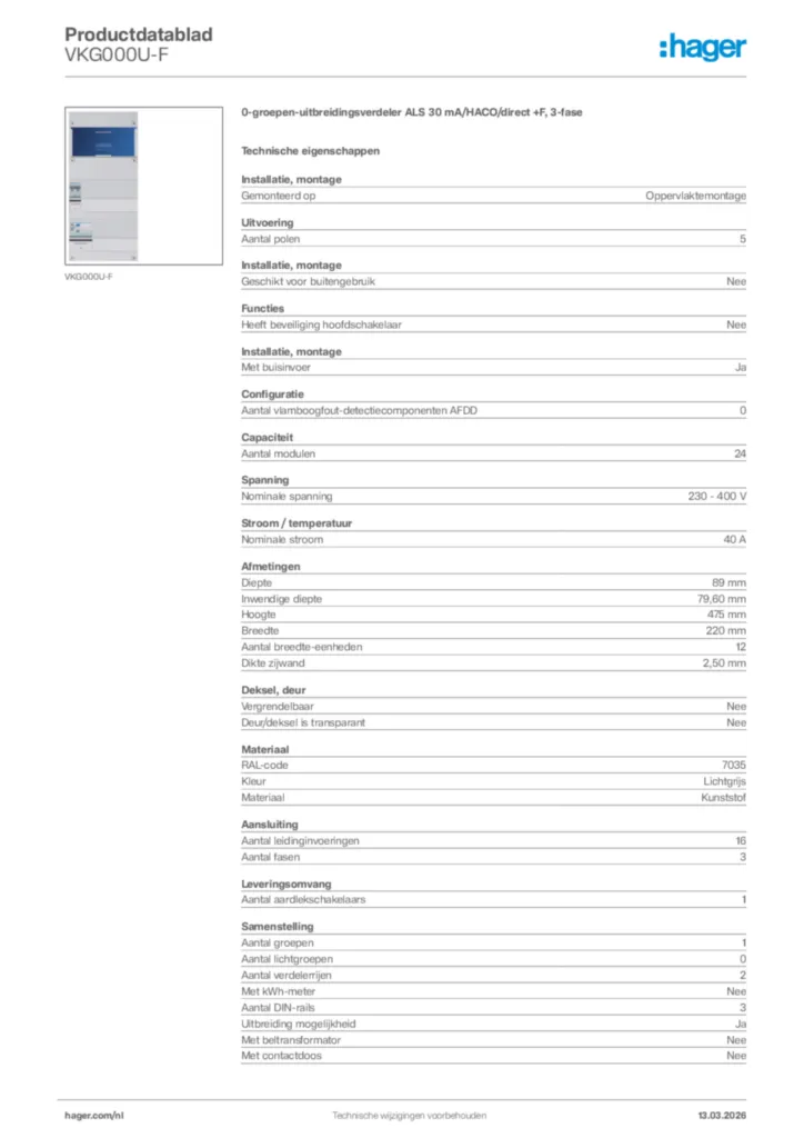 Afbeelding Hager Productdatablad VKG000U-F | Hager Nederland
