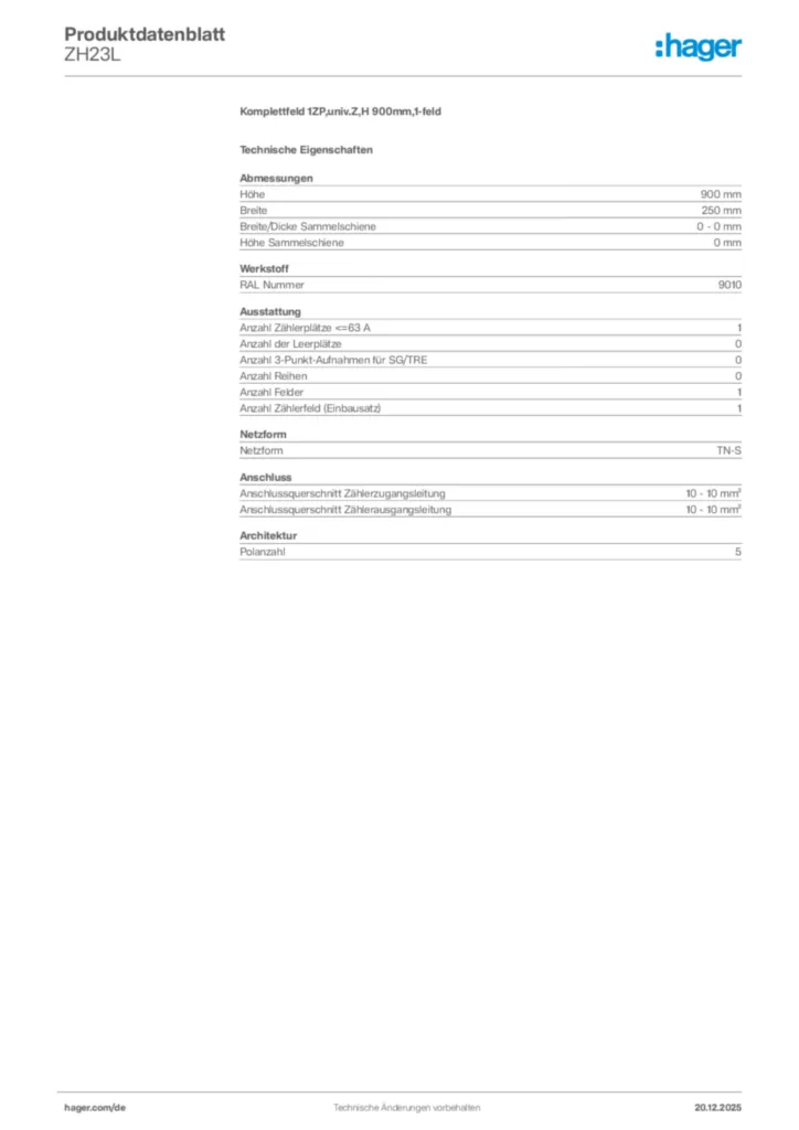 Bild Hager Produktdatenblatt ZH23L | Hager Deutschland