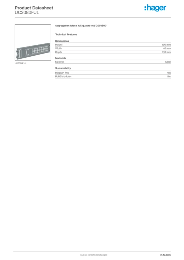 Image Hager Product data sheet UC2080FUL  | Hager Africa