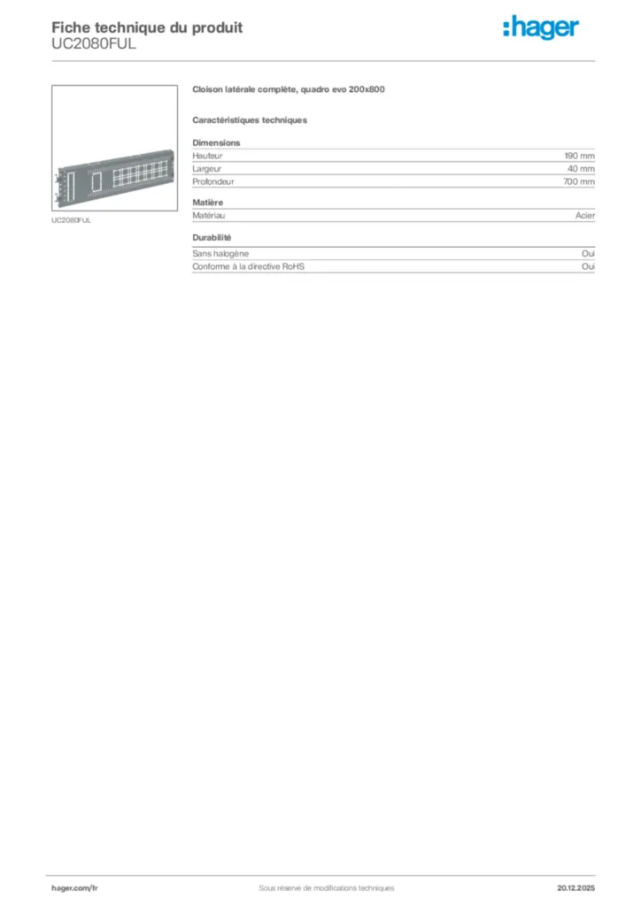 Image Hager Fiche technique du produit UC2080FUL | Hager France