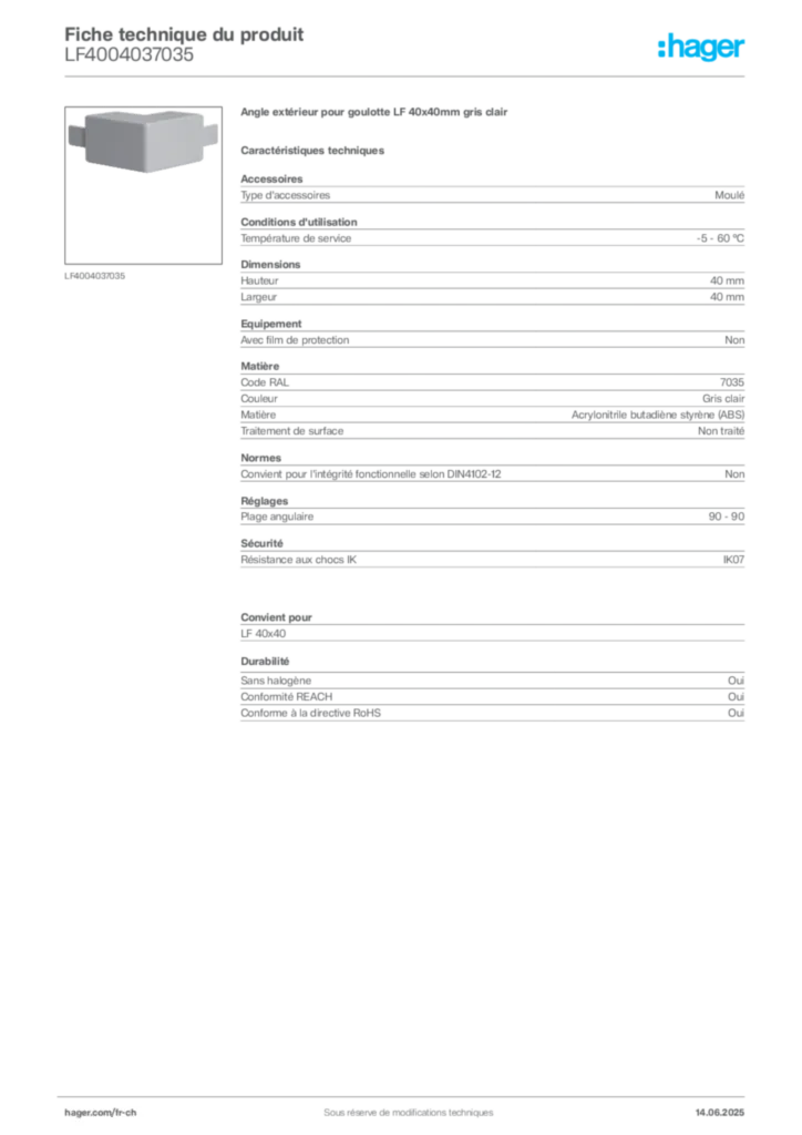Image Hager Fiche technique du produit LF4004037035 | Hager Suisse