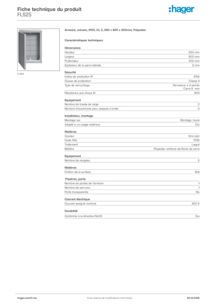 Image Hager Fiche technique du produit FL52S | Hager Belgique