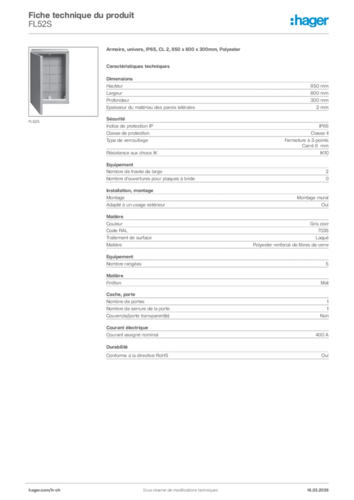 Image Hager Fiche technique du produit FL52S | Hager Suisse