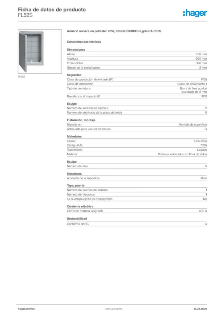 Imagen Hager Ficha de datos de producto FL52S | Hager España
