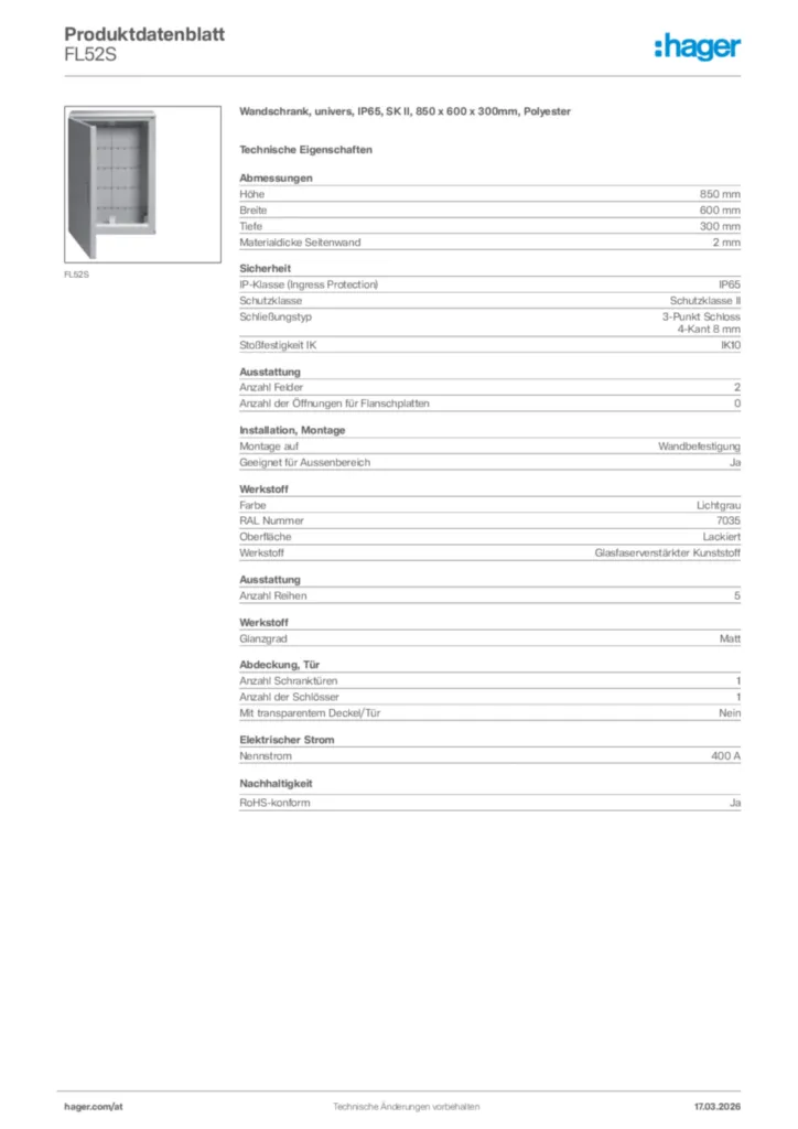 Bild Hager Produktdatenblatt FL52S | Hager Deutschland