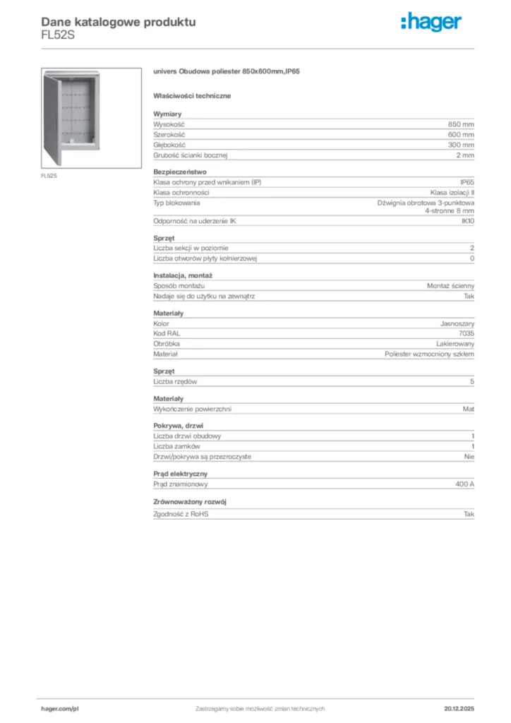Zdjęcie Hager Dane katalogowe produktu FL52S | Hager Polska