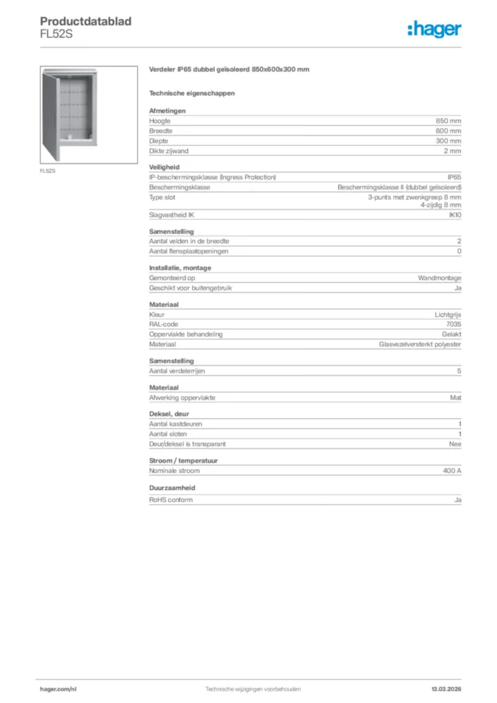 Afbeelding Hager Productdatablad FL52S | Hager Nederland