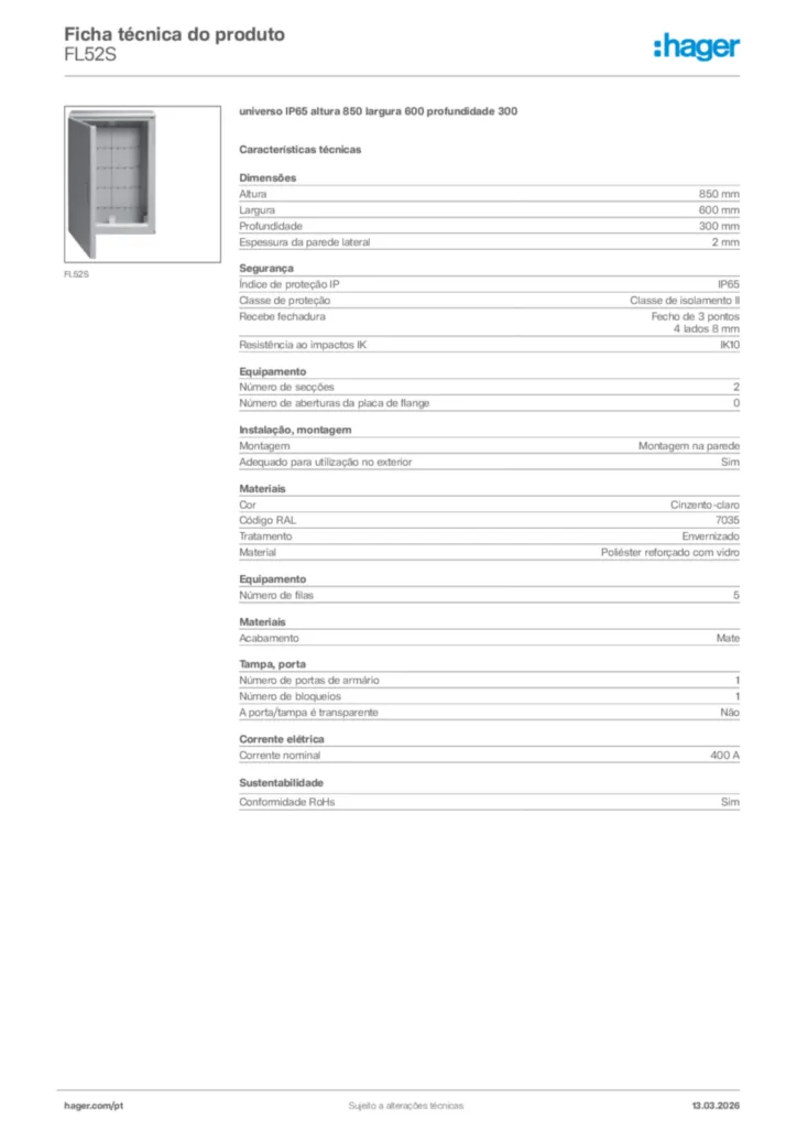Imagem Hager Ficha técnica do produto FL52S | Hager Portugal