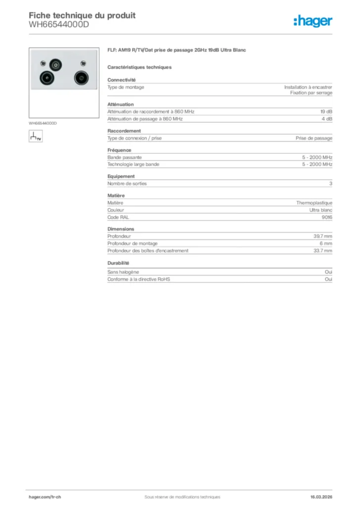 Image Hager Fiche technique du produit WH66544000D | Hager Suisse