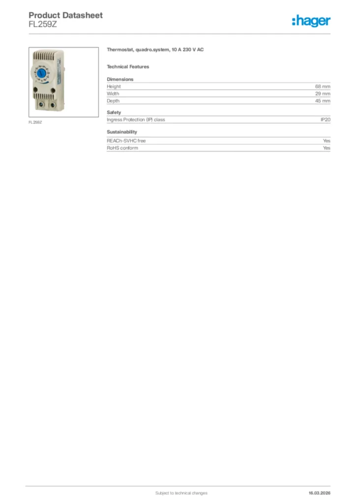 Image Hager Product data sheet FL259Z  | Hager Africa