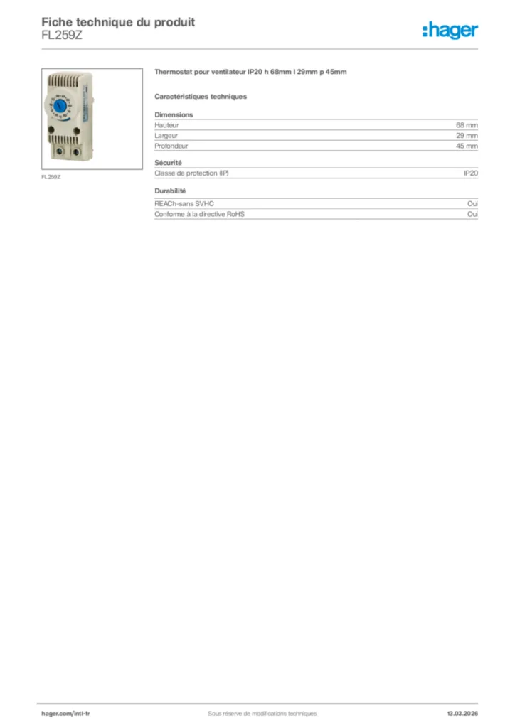 Image Hager Fiche technique du produit FL259Z | Hager Afrique