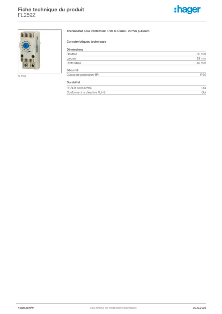 Image Hager Fiche technique du produit FL259Z | Hager France
