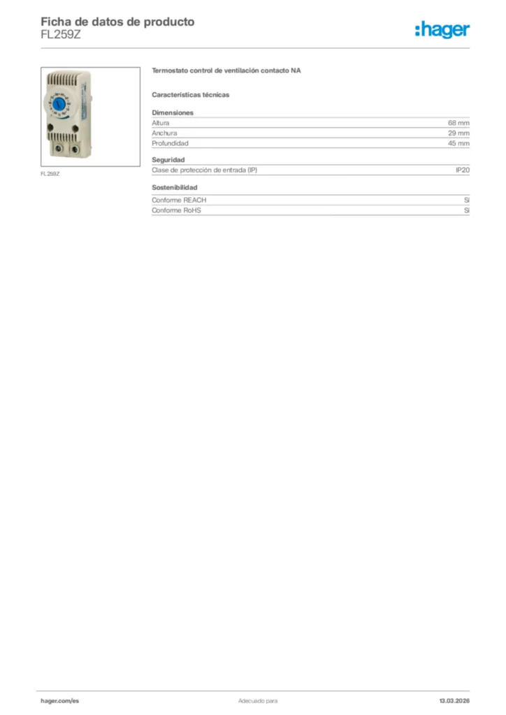 Imagen Hager Ficha de datos de producto FL259Z | Hager España