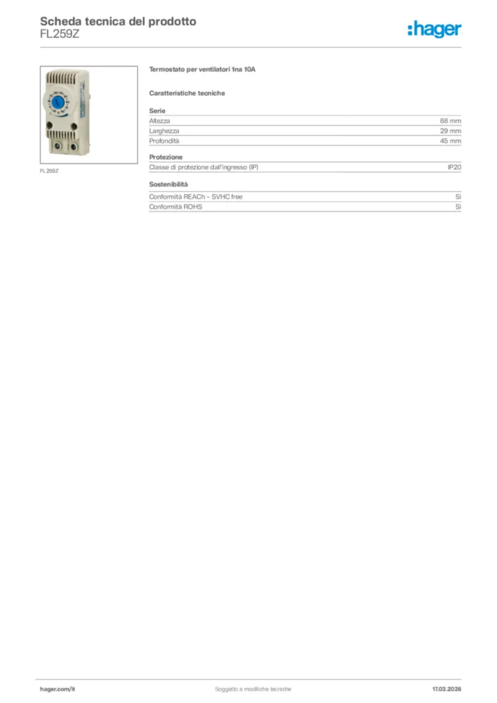 Immagine Hager Scheda tecnica del prodotto FL259Z | Hager Italia