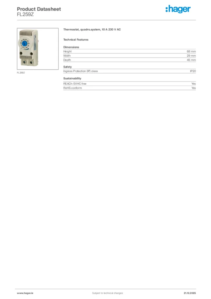 Image Hager Product data sheet FL259Z  | Hager
