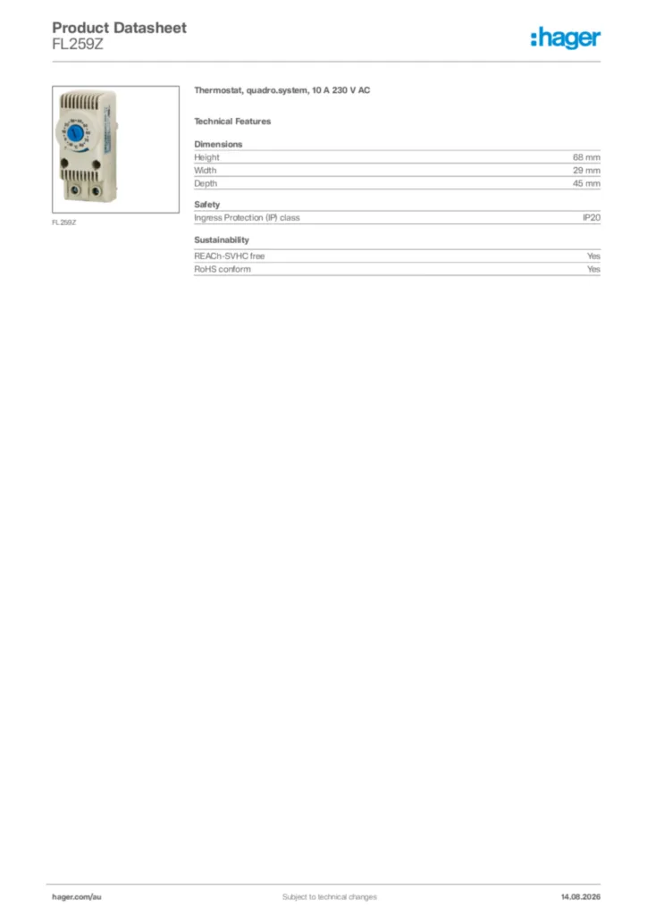 Image Hager Product data sheet FL259Z  | Hager Australia