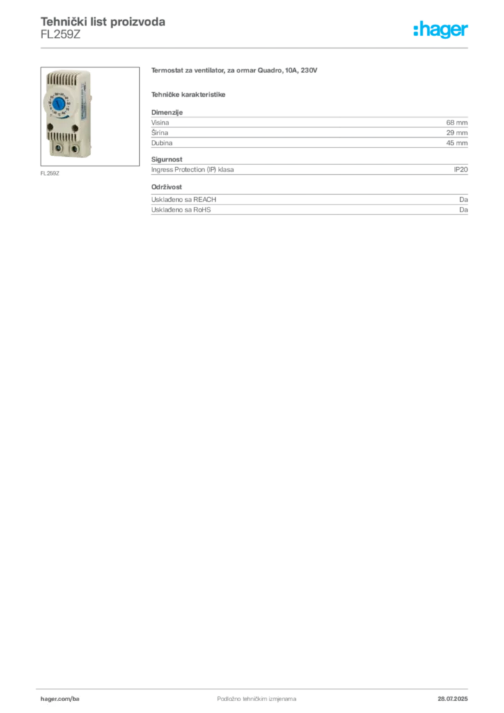 Slika Hager Product data sheet FL259Z  | Hager