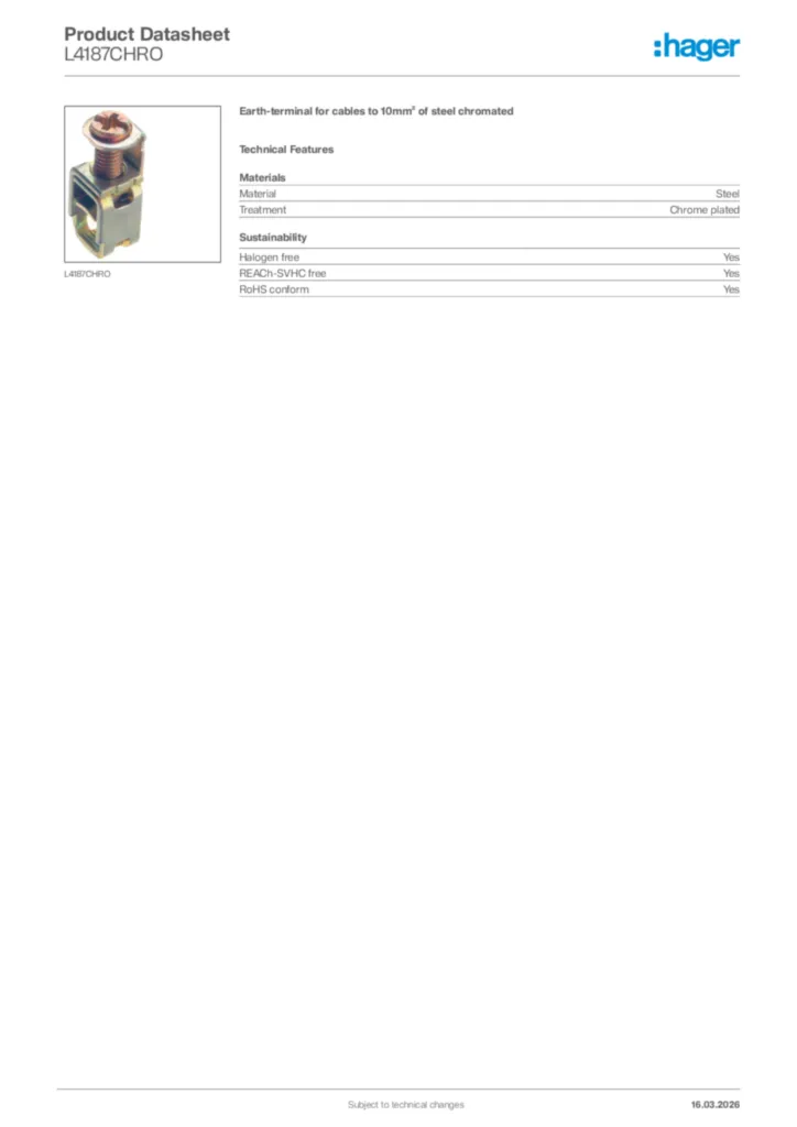 Image Hager Product data sheet L4187CHRO  | Hager Africa