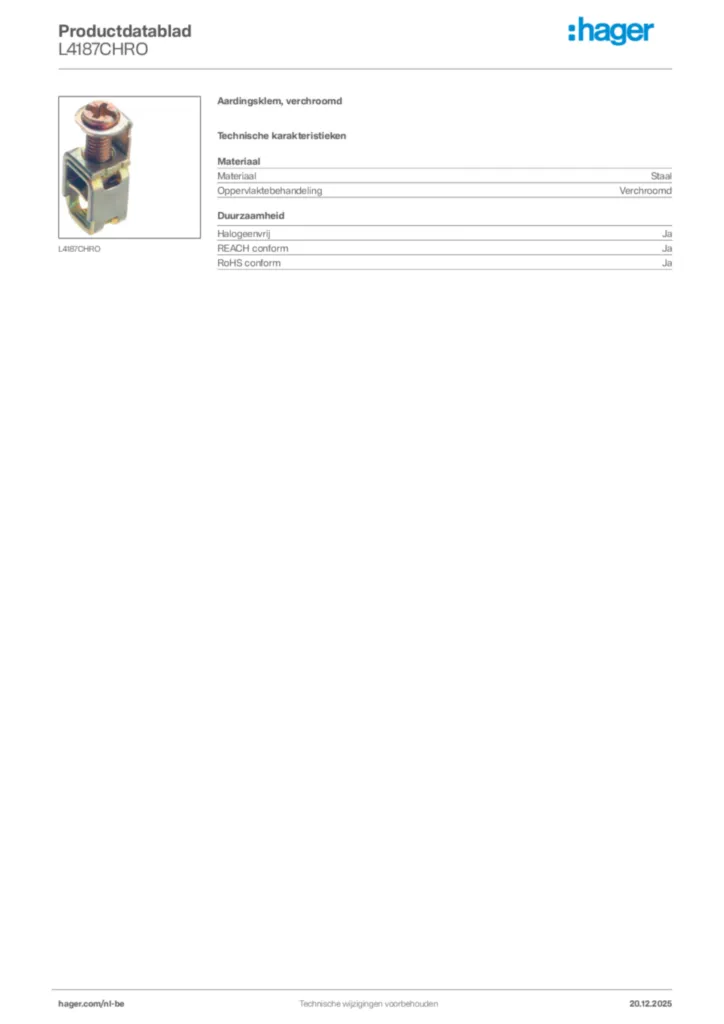 Afbeelding Hager Productdatablad L4187CHRO | Hager Belgium