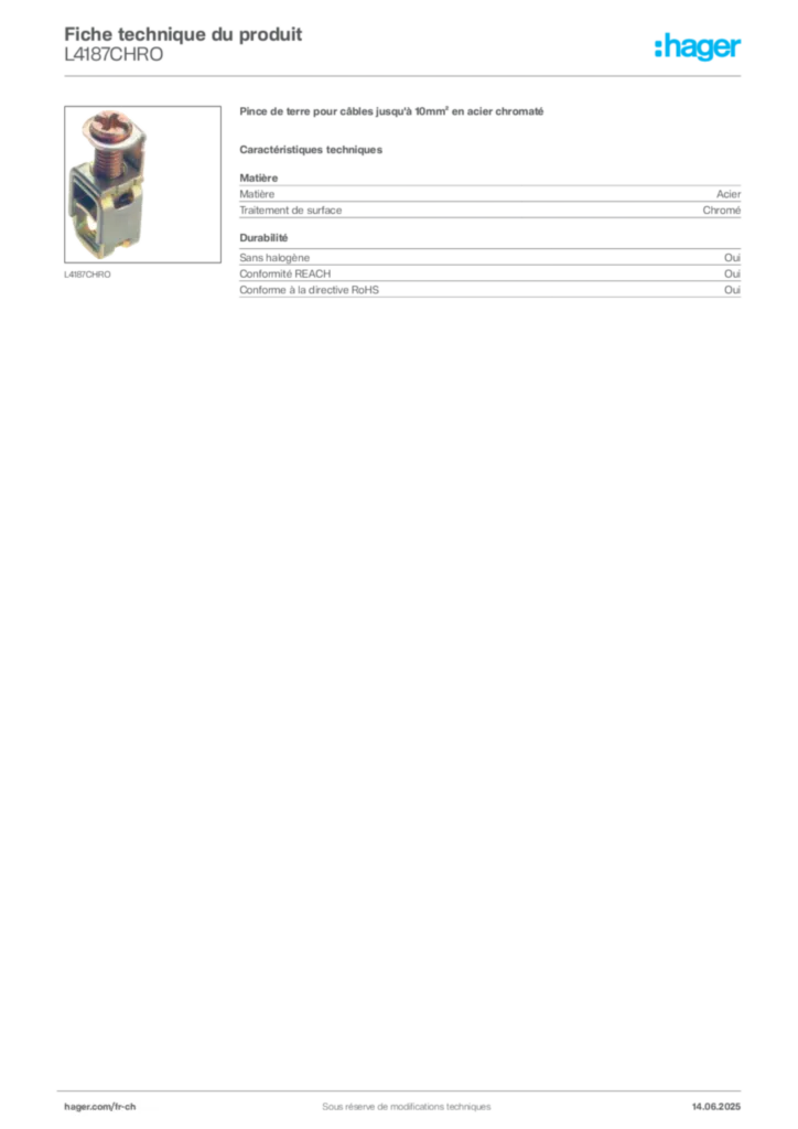 Image Hager Fiche technique du produit L4187CHRO | Hager Suisse