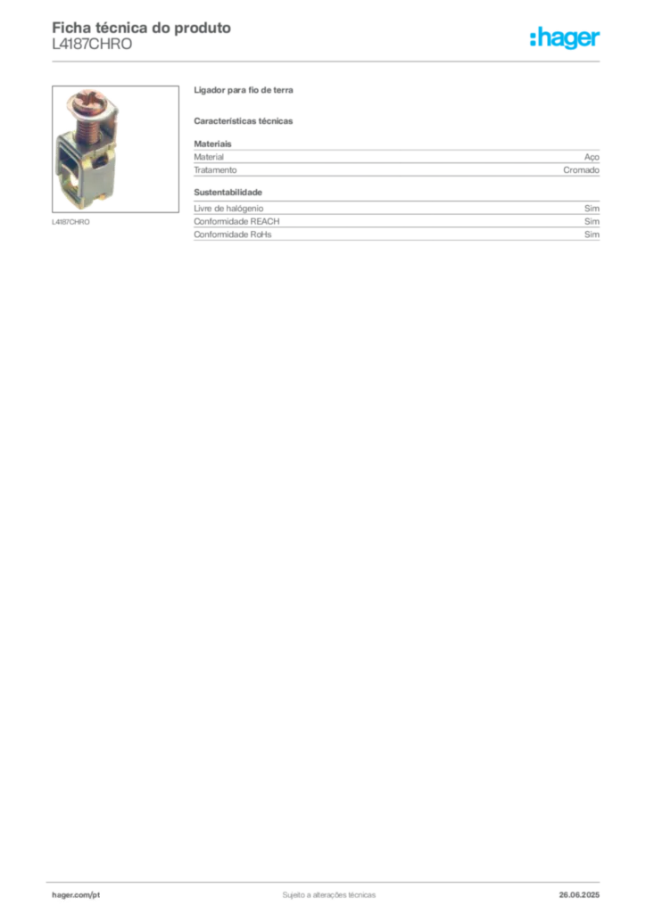 Imagem Hager Ficha técnica do produto L4187CHRO | Hager Portugal