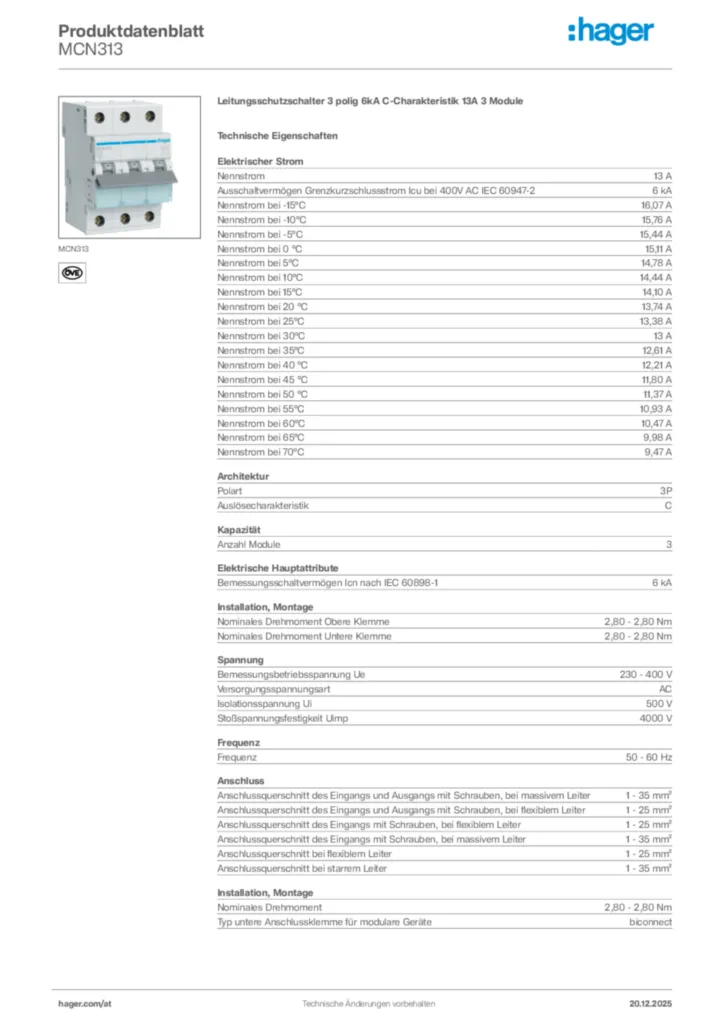 Bild Hager Produktdatenblatt MCN313 | Hager Deutschland