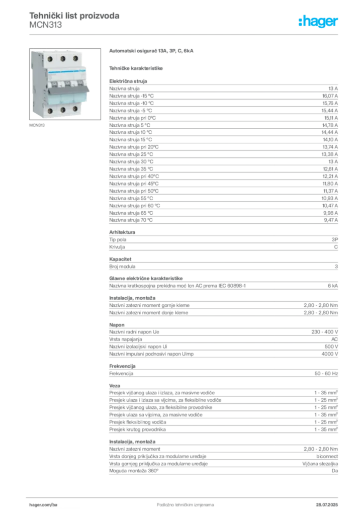Slika Hager Product data sheet MCN313  | Hager