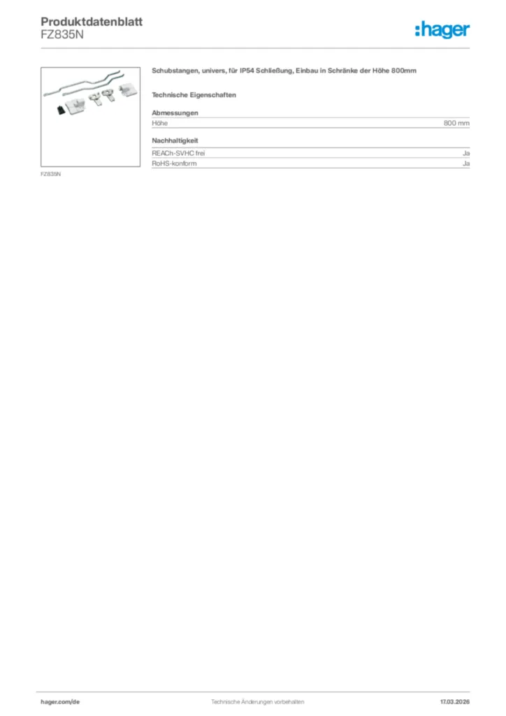 Bild Hager Produktdatenblatt FZ835N | Hager Deutschland