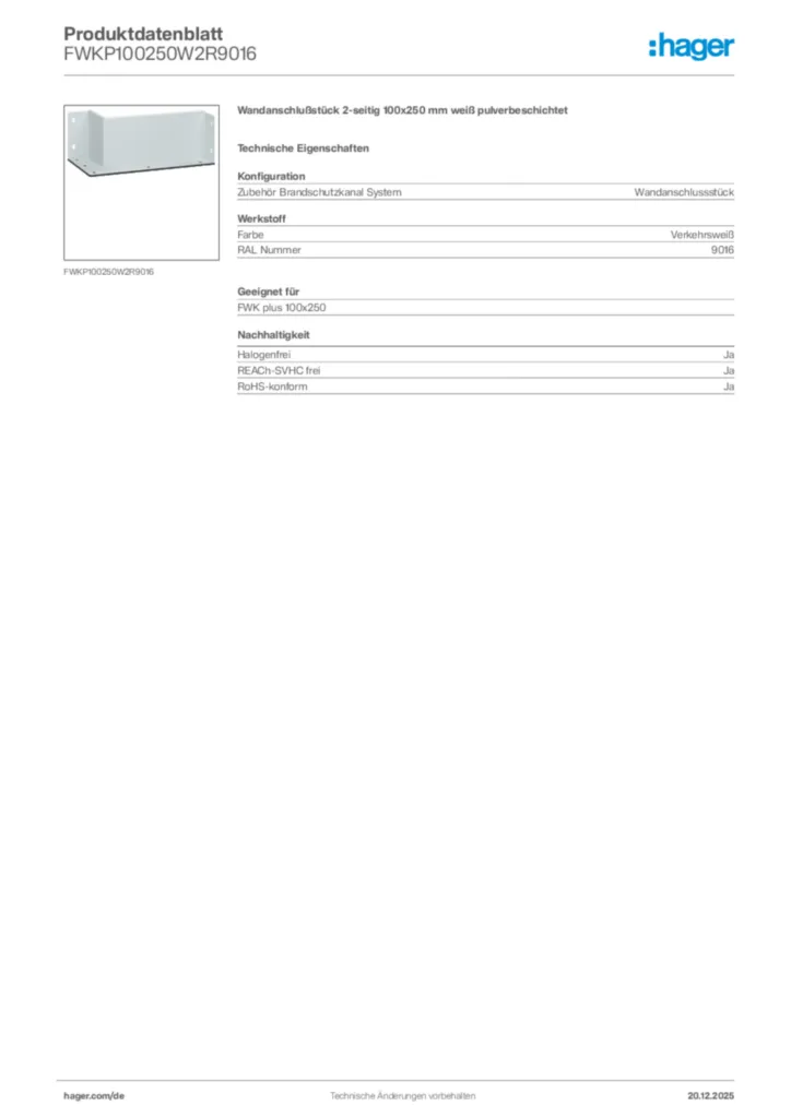 Bild Hager Produktdatenblatt FWKP100250W2R9016 | Hager Deutschland