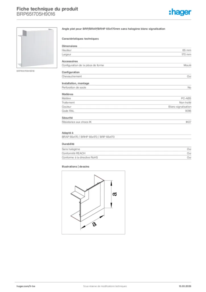 Image Hager Fiche technique du produit BRP651705H9016 | Hager Belgique