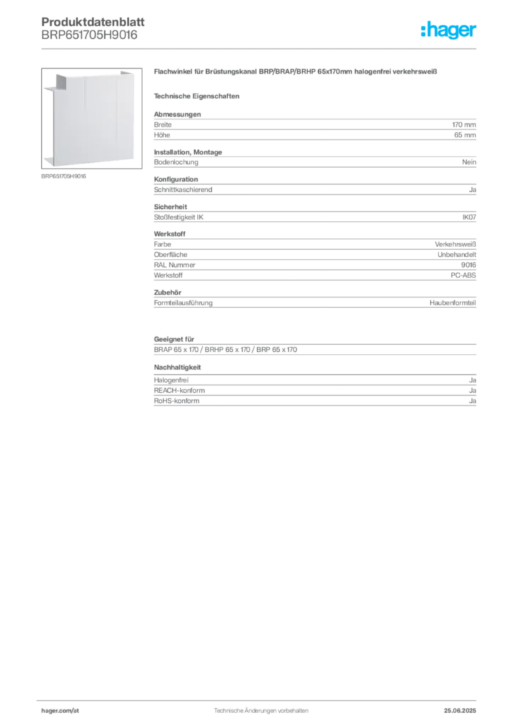 Bild Hager Produktdatenblatt BRP651705H9016 | Hager Deutschland