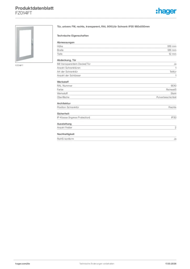 Bild Hager Produktdatenblatt FZ014FT | Hager Deutschland