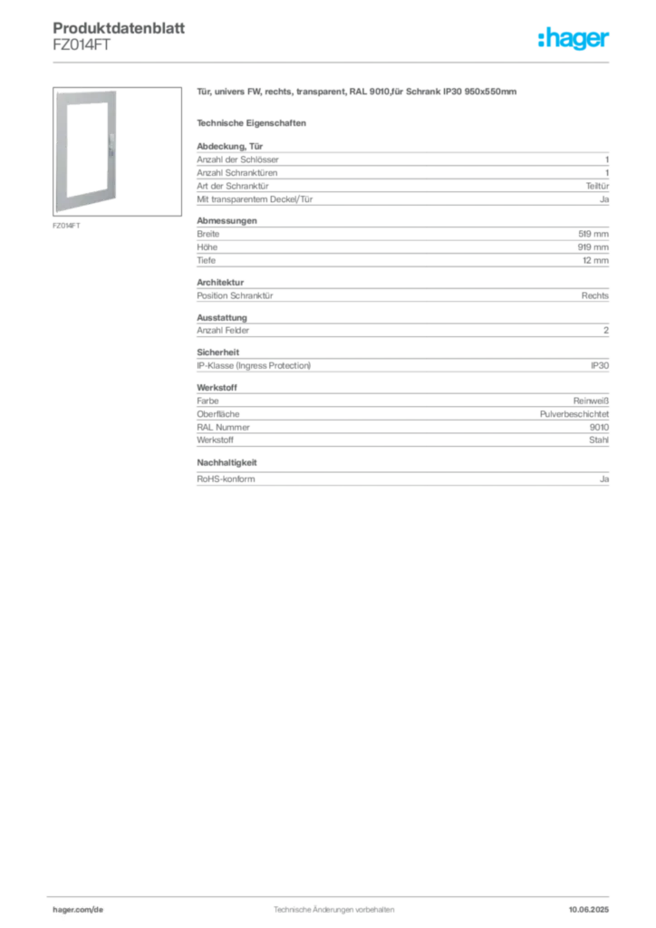 Bild Hager Produktdatenblatt FZ014FT | Hager Deutschland