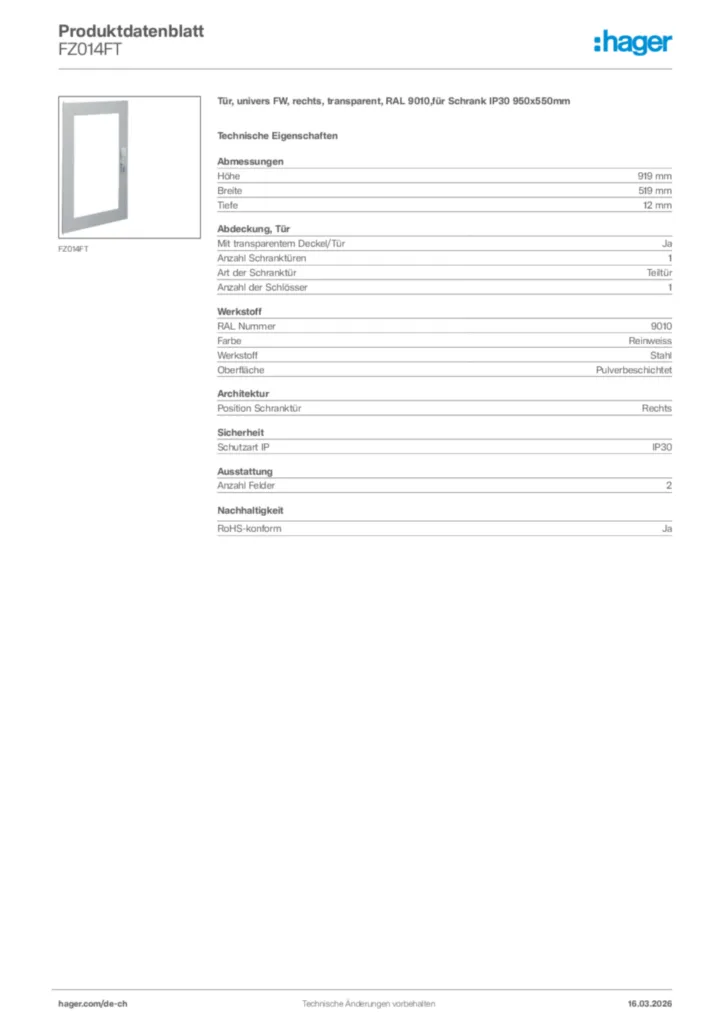 Bild Hager Produktdatenblatt FZ014FT | Hager Schweiz
