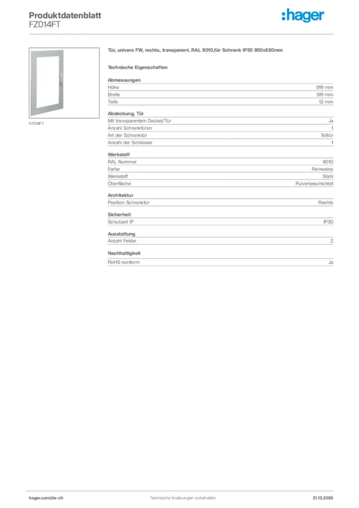Bild Hager Produktdatenblatt FZ014FT | Hager Schweiz