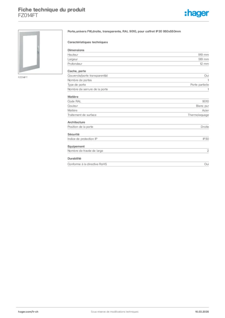 Image Hager Fiche technique du produit FZ014FT | Hager Suisse