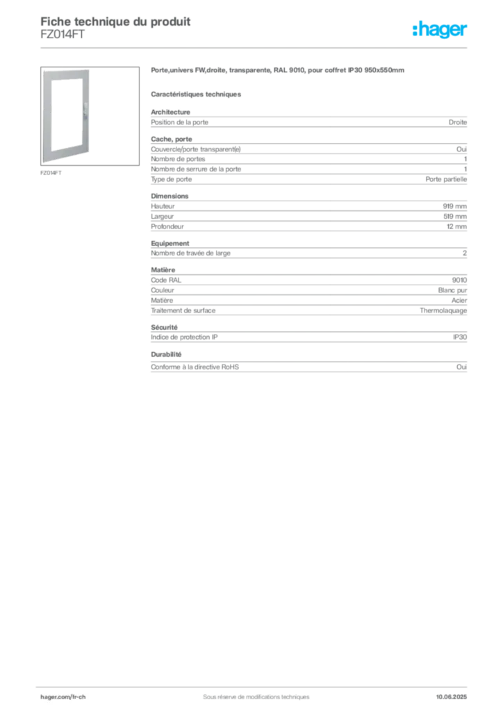 Image Hager Fiche technique du produit FZ014FT | Hager Suisse