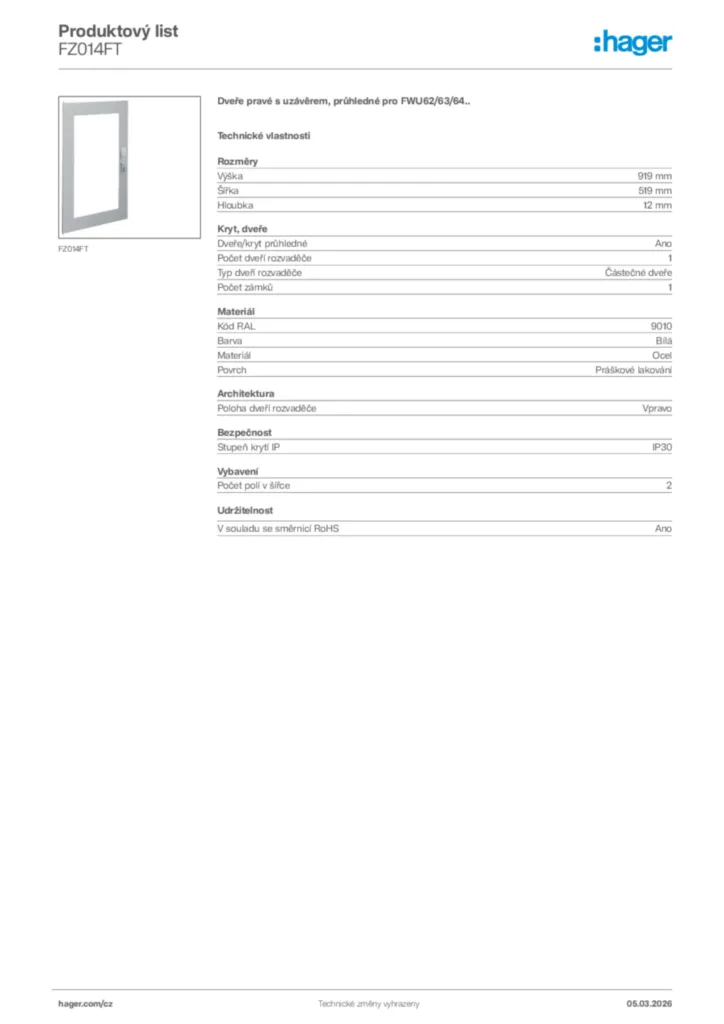 Obrázek Hager Product data sheet FZ014FT | Hager