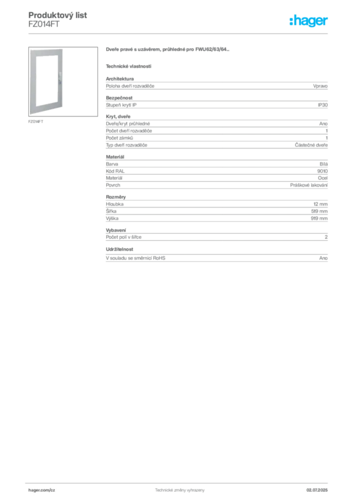 Obrázek Hager Produktový list FZ014FT | Hager