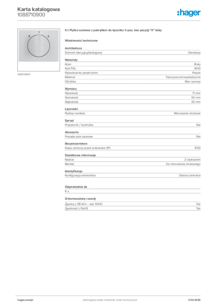 Zdjęcie Hager Karta katalogowa 1088710900 | Hager Polska