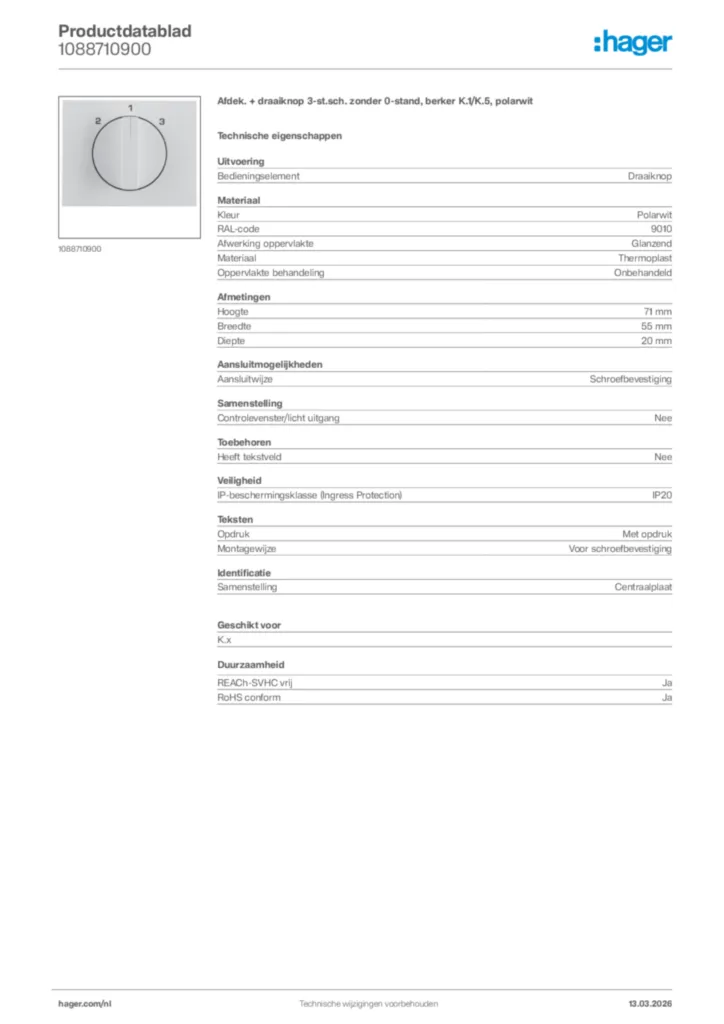 Afbeelding Hager Productdatablad 1088710900 | Hager Nederland