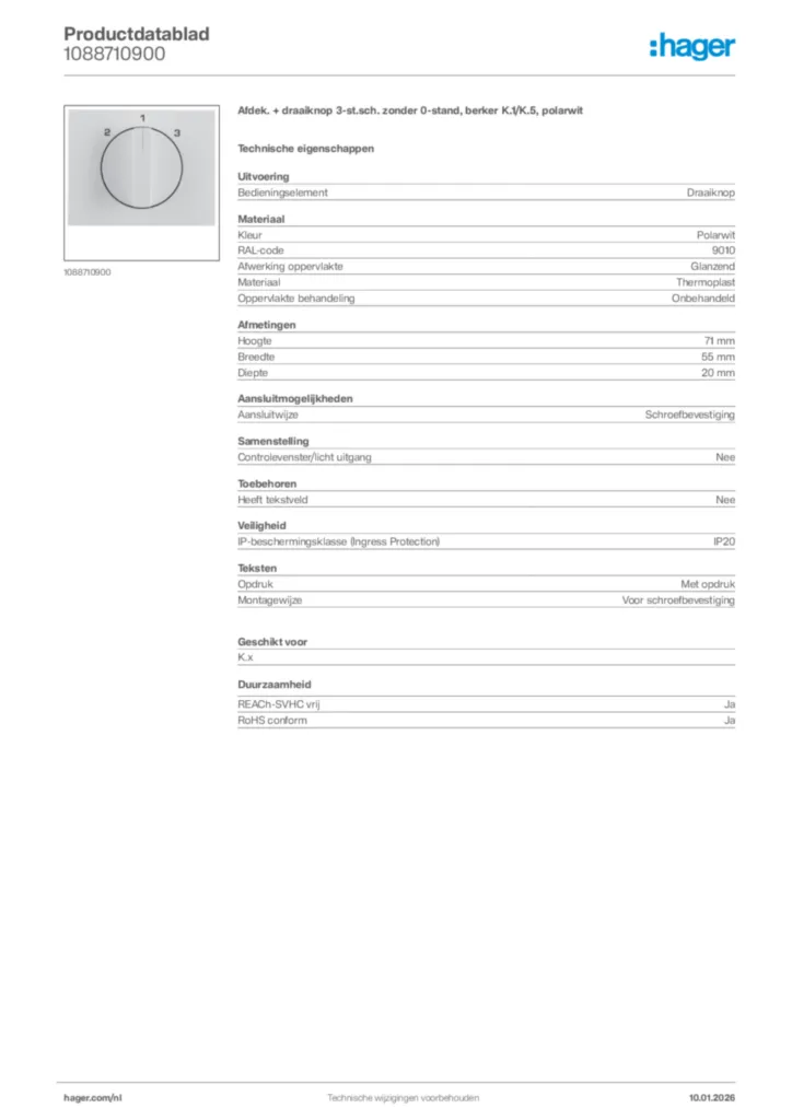 Afbeelding Hager Productdatablad 1088710900 | Hager Nederland