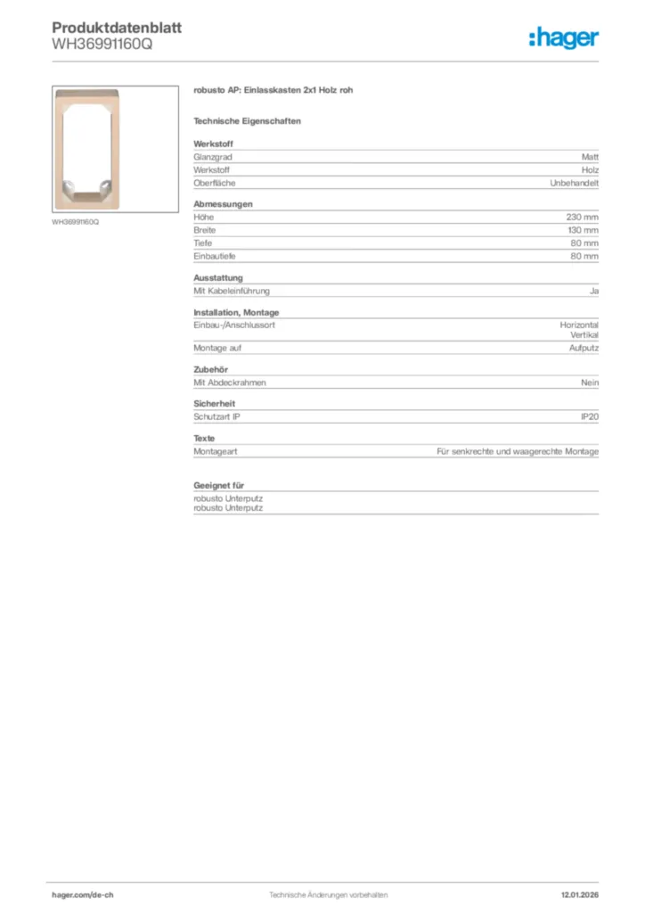 Bild Hager Produktdatenblatt WH36991160Q | Hager Schweiz