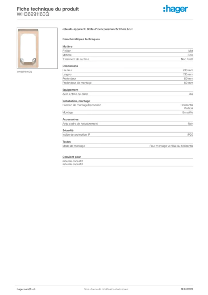 Image Hager Fiche technique du produit WH36991160Q | Hager Suisse