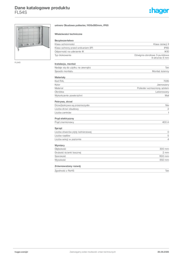 Zdjęcie Hager Dane katalogowe produktu FL54S | Hager Polska