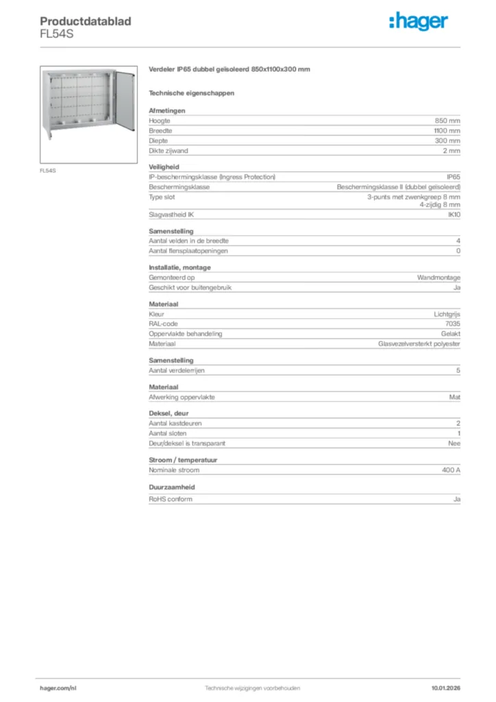 Afbeelding Hager Productdatablad FL54S | Hager Nederland