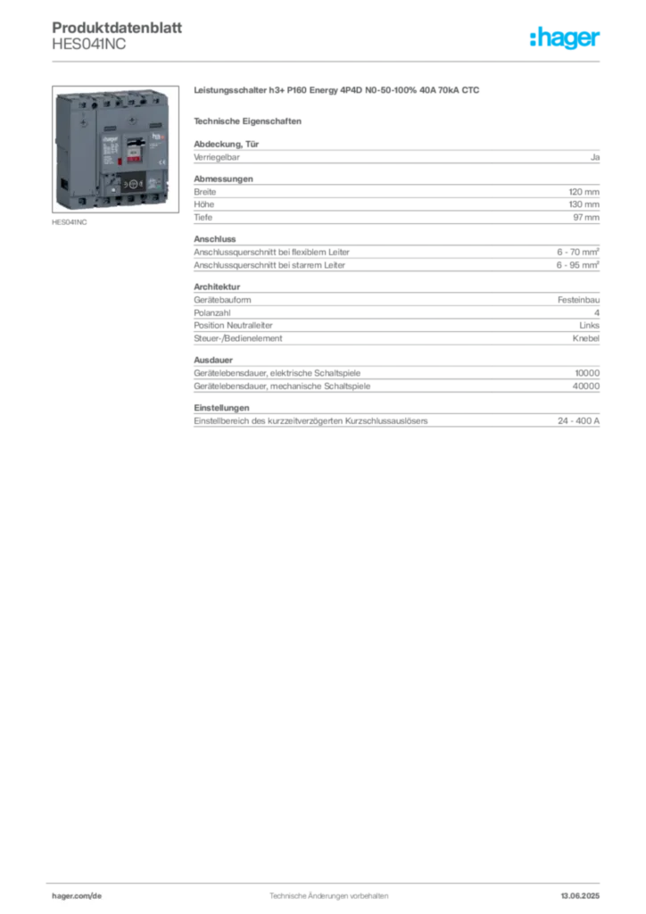 Bild Hager Produktdatenblatt HES041NC | Hager Deutschland