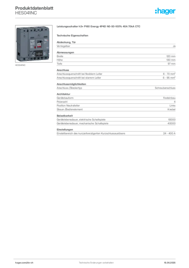 Bild Hager Produktdatenblatt HES041NC | Hager Schweiz